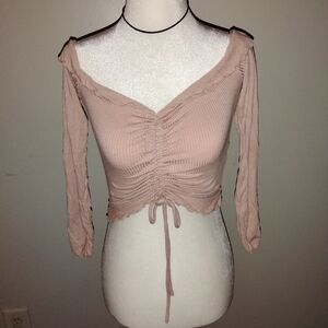Women's Ruched Tie-Front Long Sleeve Top - Blush